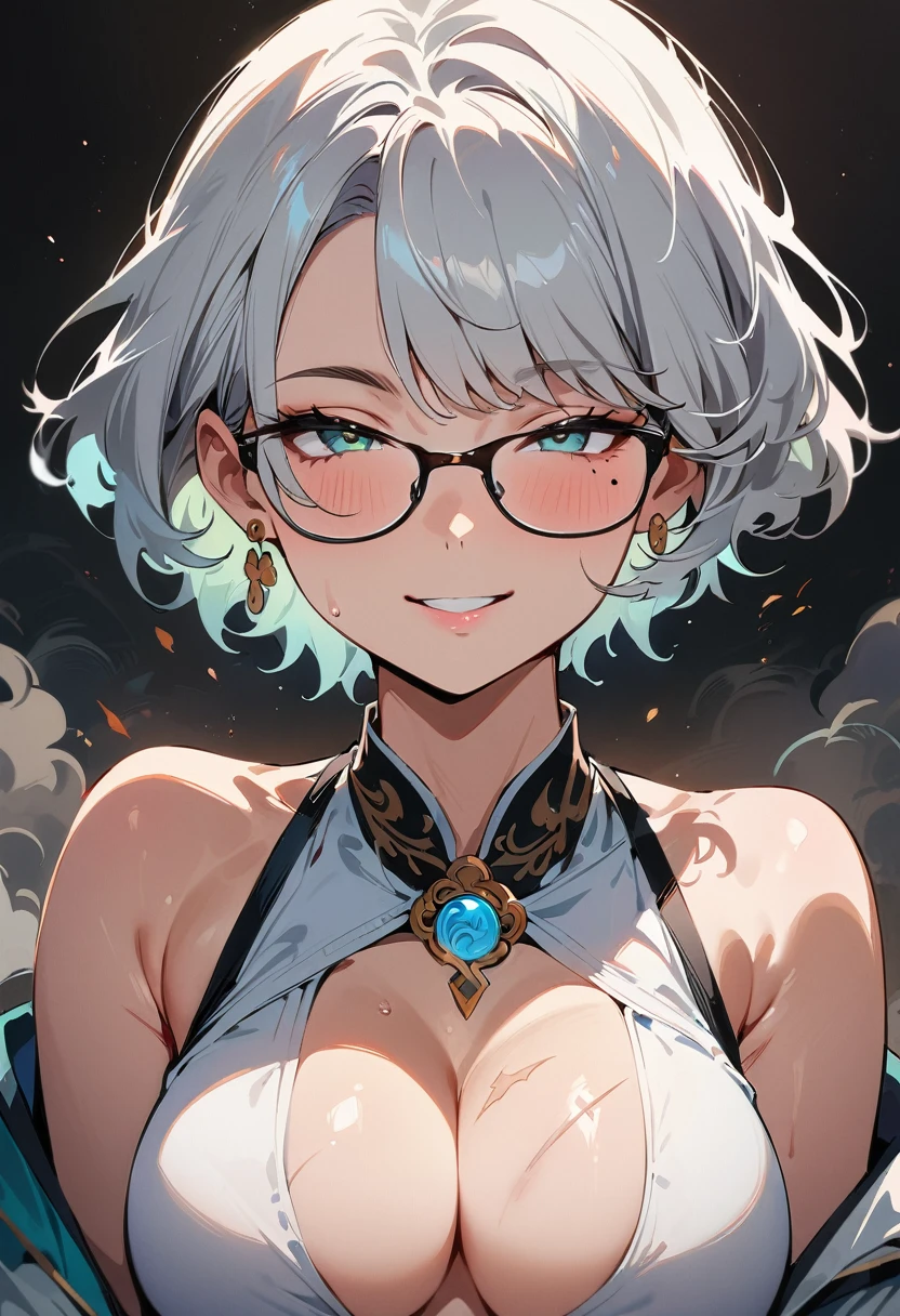 (masterpiece, best quality:1.4), 1 girl, 独奏, Anime style, Black pupil, Blurred eyes, Smile, Black-rimmed glasses, There is a large scar on the right eye, Scars, Right tear mole, Gray super short hair,, large breasts, Vest, steam, Vision, black background.