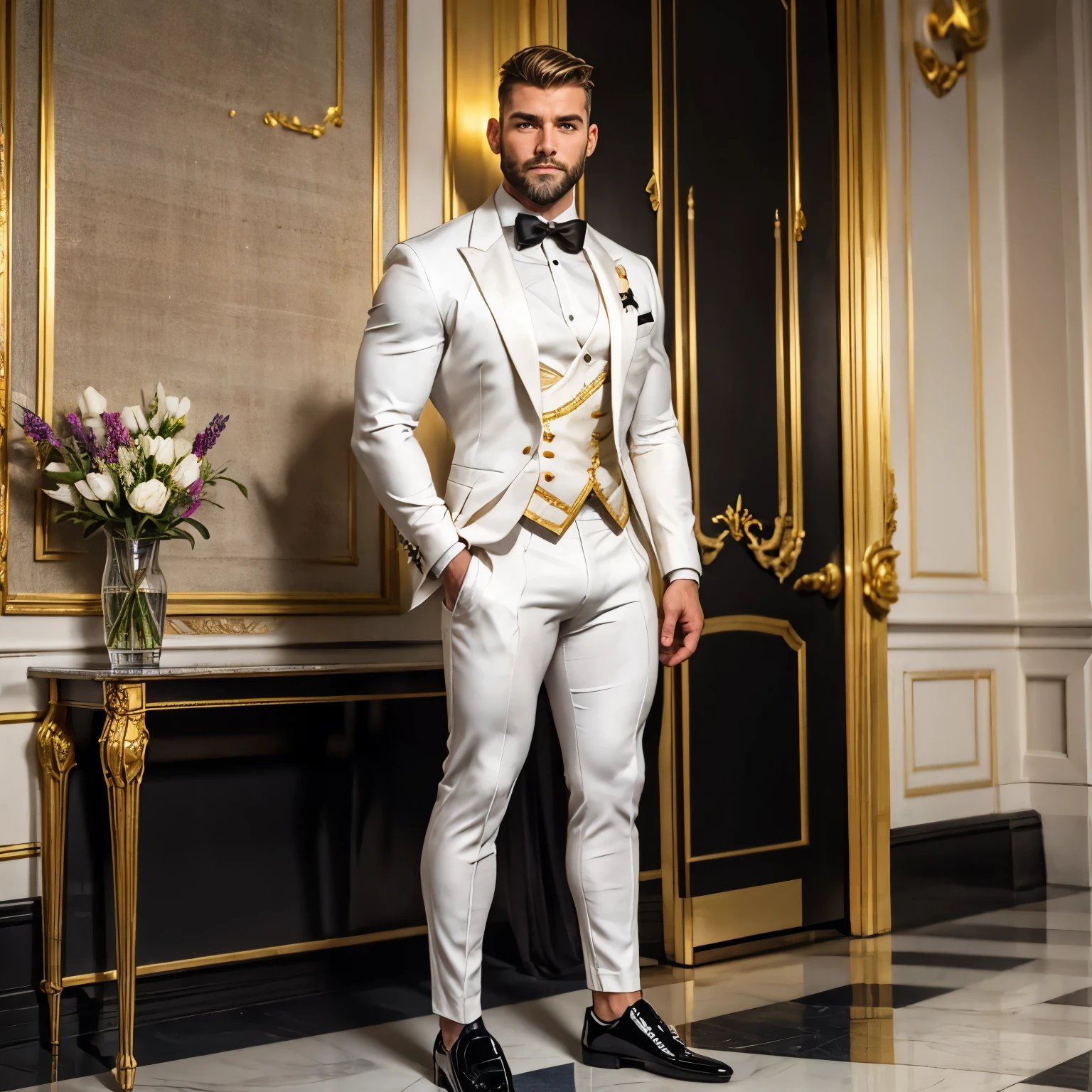 full view, full body, one over-muscular over-bodybuilded handsome white european guy with light-brown undercut haircut, very thin beard, ,no moustache, wearing hyper-tight white lycra suit looking like a tuxedo with black bow tie, black silk thin socks and black patent shoes, golden rings, waiting standing in the hall of luxurious palace hotel in Paris, his black silk socks are visible