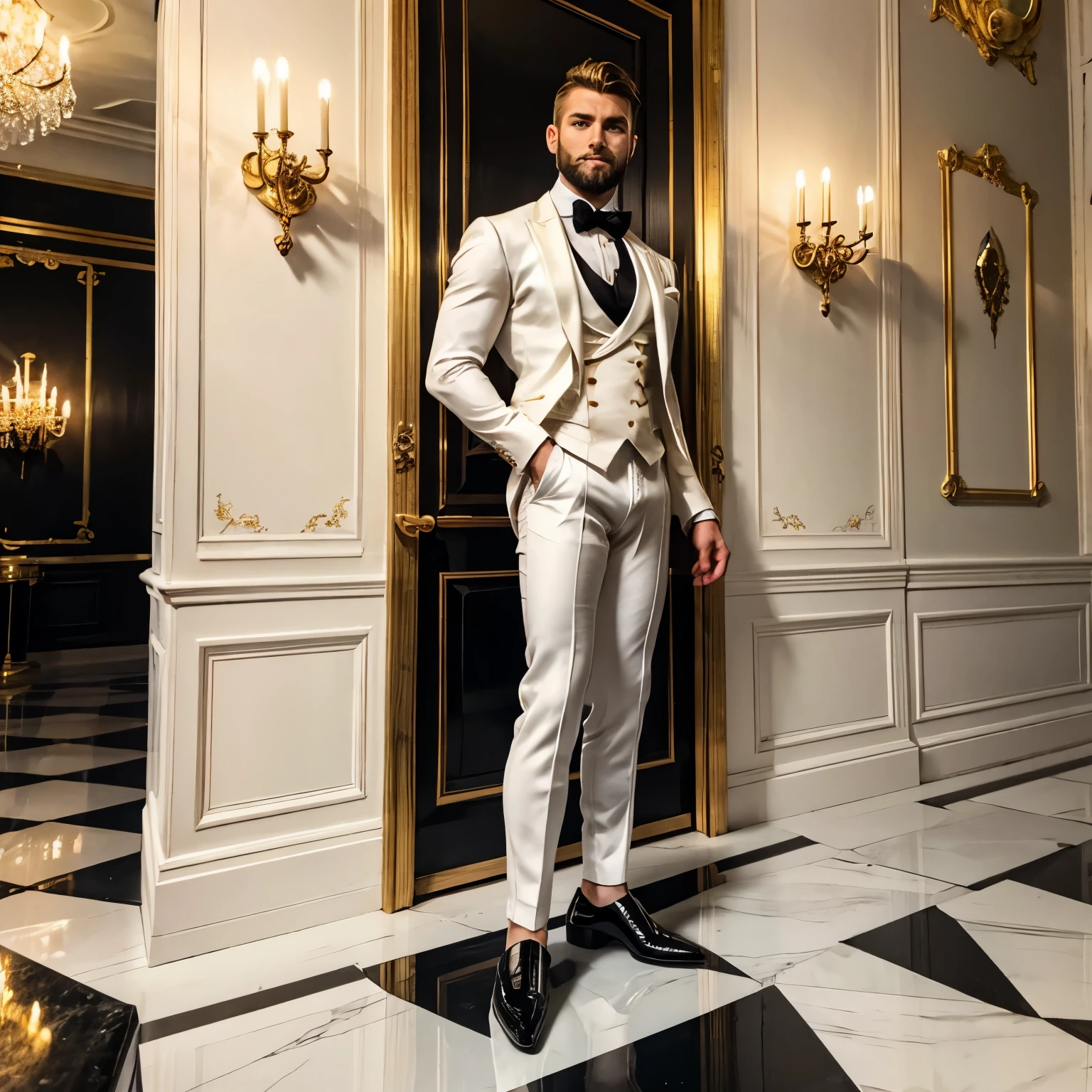 full view, full body, one over-muscular over-bodybuilded handsome white european guy with light-brown undercut haircut, very thin beard, ,no moustache, wearing hyper-tight white lycra suit looking like a tuxedo with black bow tie, black silk thin socks and black patent shoes, golden rings, waiting standing in the hall of luxurious palace hotel in Paris, his black silk socks are visible