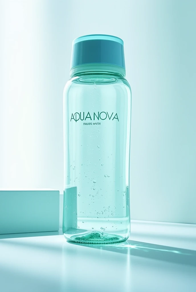 Water bottle with different shades of transparent color, demonstrating freshness and with the name Aqua Nova. Let it be a bottle with light plastic, Easy grip while maintaining style and freshness