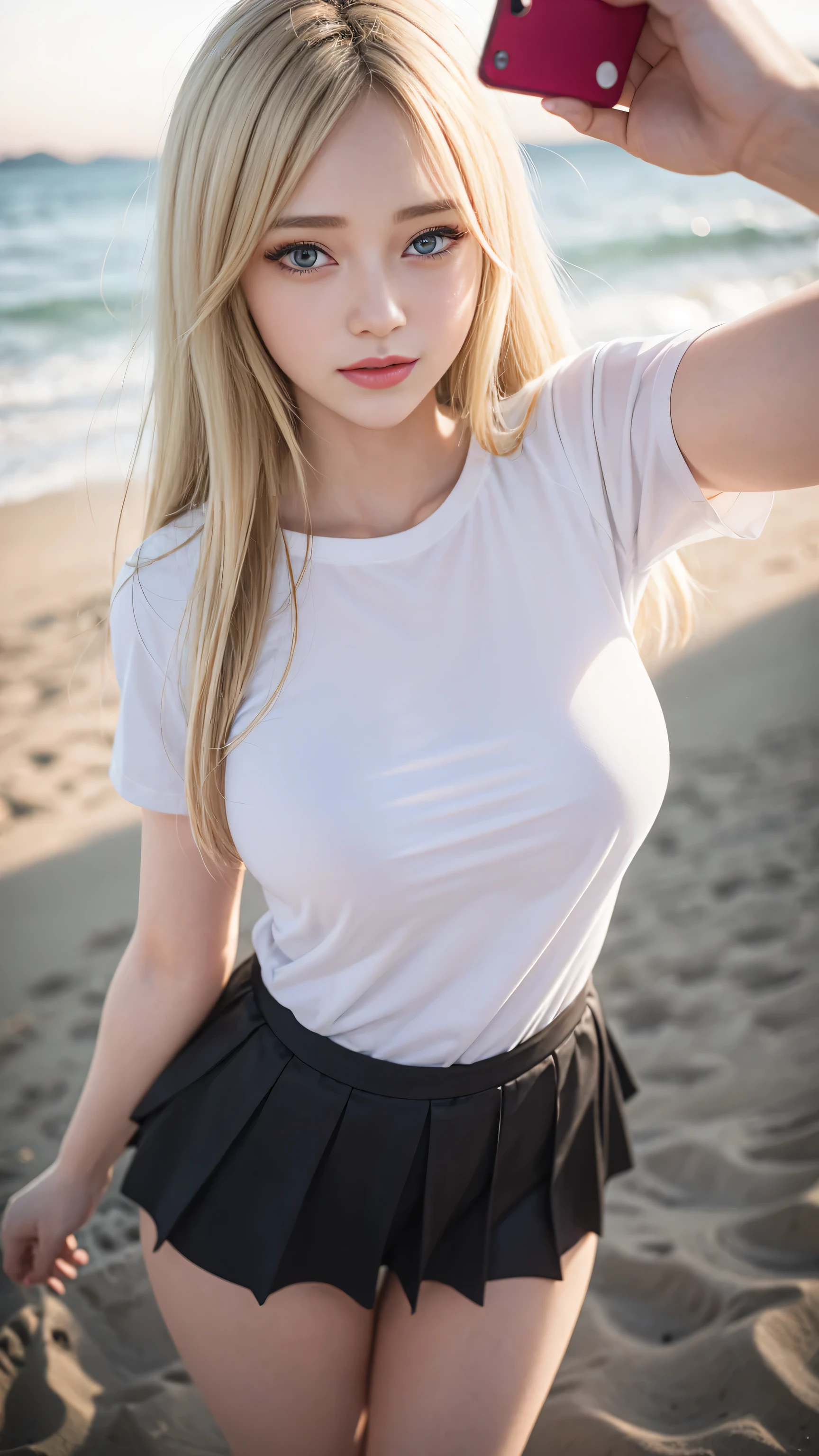 ((1lady blonde's hair, white t-shirt)), ((black pleated skirt)), ((Standing on the sand)), ((Casual Uniform)), zoom camera in the crotch, angle from selfie), looking to the side, very smile, blushing, ((background outdoor Beach sunset)), distressed, reluctant, glare , NSFW, 8k, RAW photo, masterpiece, absurdity, top quality, high resolution: 1.1, ultra-detail, hyper-realistic: 1.4, realistic, photorealistic: 1.3, cinema light, film grain, closeup, full body, depth of field, eye focus, young, 85mm lens, f/1.5, Professional lighting, portrait, photon mapping, radiocity, physically based rendering, transparency, soft light, realistic face, realistic body, realistic skin, clean: 1.8, silky golden shiny blonde hair, Shiny silky straight, hairstyle to match the trend of Japan in 2024, Big tits: 1.2, blusher, good style, (very dark lip gloss, bright red lipstick, so many eyelashes, blue eyes, pitch black eyeshadow big tits), company, camel toe, long legs, PureErosFace_V1: 0.8, dynamic pose