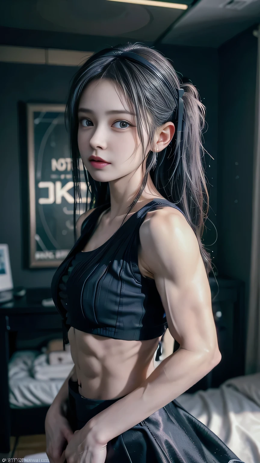 ((Best Quality)),((photo realistic)),((absurdres,ultra highlres,highly detailed)),(professional lighting),(open mouth:1.3),((embarassed)),(brown eyes:1.2),(beautiful detailed eyes),(fighting),(full nude:1.4),(fist),(kicking up:1.2),Thick eyebrows,droopy eyes,straight eyebrows,Falling eyebrows,(large iris),(narrow face:1.2),(close-set eyes),(plump lips:1.2),(Glossy lips),lipstick,blush,Beautiful,(beautiful Japanese Lady),1girl,(young),(Pubic hair:1.5),(tall body:1.2),(slender),(curvy hips),(round hips),Muscular arms,Muscular legs,(wide forehead),(Pulled back hair),braid,Perfect Anatomy,(flat chest:1.3),Black medium hair,(Straight hair),Necklace,Accessories,(muscular:1.25),(Highly detailed face),(on stage)