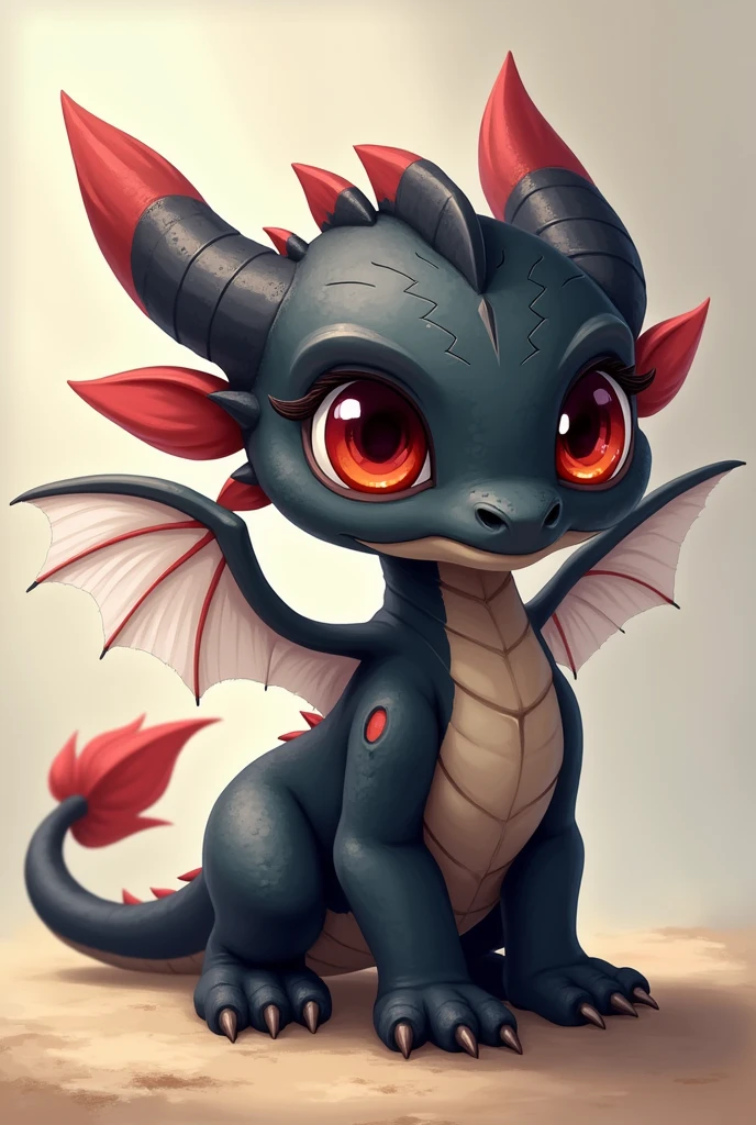 cartoon、The main picture shows a young black dragon(Quadrupeds、Muscular limbs、Detailed description、Beautiful red eyes)、White feather wings