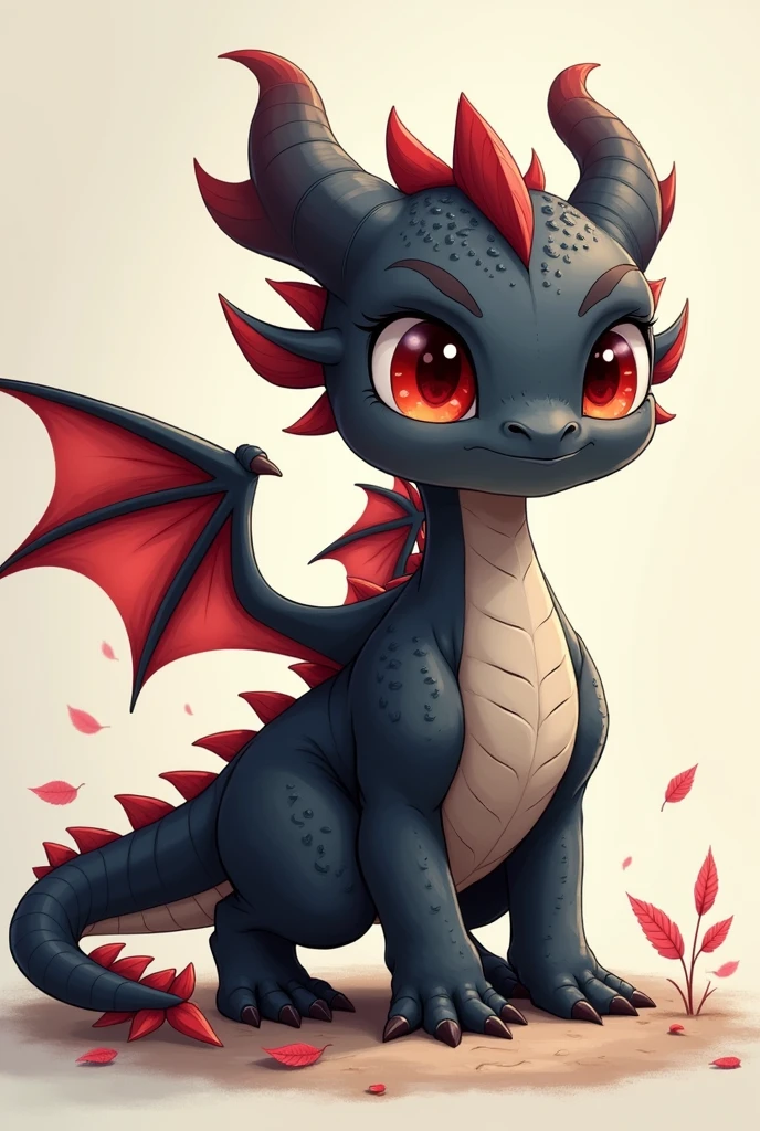 cartoon、The main picture shows a young black dragon（Quadrupeds、Muscular limbs、Detailed description、Beautiful red eyes）、White feather wings