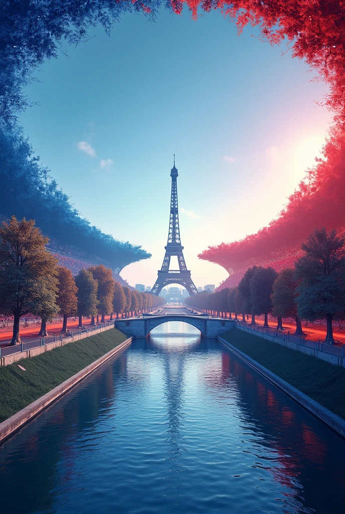 Create a backdrop that resembles the iconic landmarks of Paris, like the Eiffel Tower, Arc de Triomphe, and the Seine River. Blend these landmarks into a stadium-like atmosphere, symbolizing the merging of culture and sports.
Incorporate the colors of the French flag (blue, white, and red) subtly across the background to maintain a cohesive color scheme.