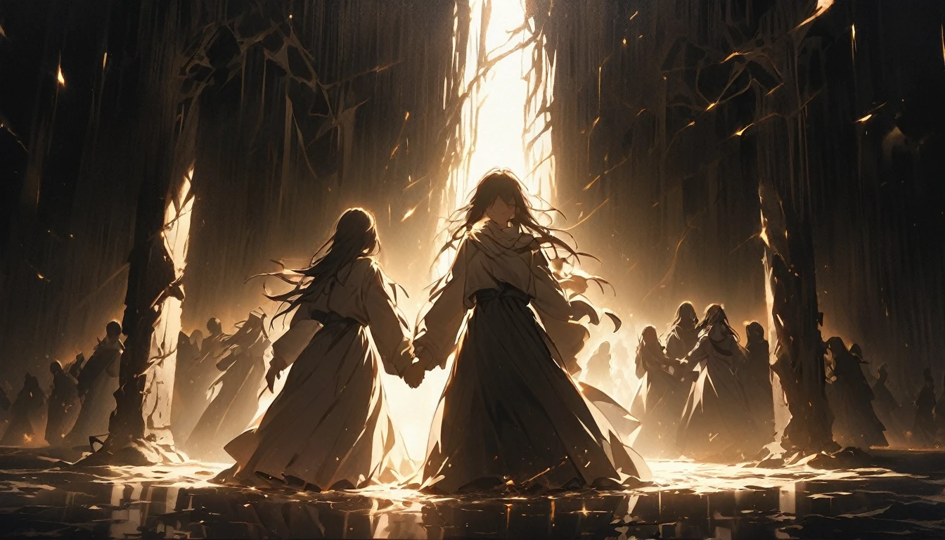 A powerful, emotional scene depicting a group of people standing together in a dimly lit space, with shadows surrounding them, symbolizing the doubts and fears they've faced. The characters are shown breaking free from these shadows, stepping into a soft, warm light that represents hope and unity. Some of them are holding hands or reaching out to each other, symbolizing solidarity and the decision to take a stand. Their expressions are determined, reflecting a mix of relief and resolve as they move away from their past struggles. The background features cracks in the walls, symbolizing the breaking of silence and the crumbling of the facade they've been hiding behind. The light gradually brightens as it moves towards the center of the image, emphasizing the transition from darkness to light, from fear to courage. The overall mood is one of empowerment and collective strength, with a high contrast between the shadowy background and the warm light.