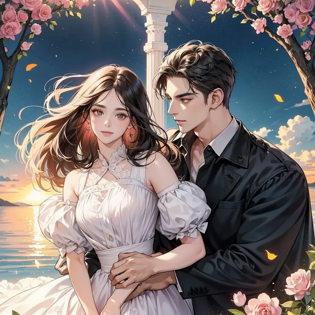 Happy couple, 1 Male 1 Female, Different hair colors, Very detailed face, A woman with long, jet-black hair tied back and black eyes., A man with short dark brown hair and dark brown eyes., Face to face, 35 years old, (A woman wearing a floral dress ), (A man in a jeans shirt is smiling.), The light is dim., Taller men, (Black-eyed woman),(A haughty, arrogant woman), (Dark brown-eyed man),Lawn garden,nighttime ,mature,rose,Pink sky , Full of flowers,The sky is dark.,Hug from behind,There was a beautiful sunset with trees in the background., colorful sky, Surreal colors, colorful sunset, colorful sky, Amazing images of the sky, dramatic sky, Dream like atmosphere 8K, colorful clouds, Colors reflected on the lake, beautiful sky, The dusk is beautiful and breathtaking., Beautiful and dreamy landscape, dramatic sky