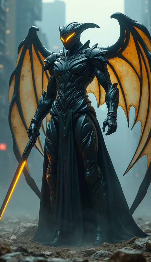 1man, alien warrior, futuristic glossy black bodyform armor, sleek helmet with glowing yellow thin visor, large glowing horns, intricately designed advanced technology armor, ethereal transparent glowing bat wings, powerful pose, holding reaper scythe with glowing yellow blade, high-tech otherworldly scene, (best quality,4k,8k,highres,masterpiece:1.2),ultra-detailed,(realistic,photorealistic,photo-realistic:1.37),cinematic lighting,dramatic shadows,hyperdetailed,extremely detailed, cinematic composition, stunning visual effects