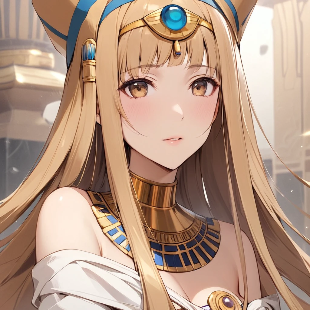 ((Highest quality)), ((masterpiece)), (detailed), （Perfect Face）、The woman who is Tutankhamun of ancient Egypt is Yuuki Asuna, with light brown, medium-long hair, a magnificent Tutankhamun hat, and Cleopatra-like clothing.、The woman is dressed as Tutankhamun, an ancient Egyptian.