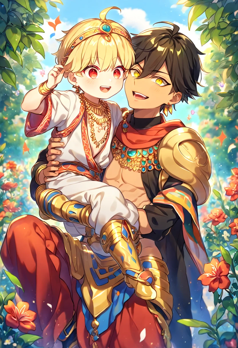 absurdres, highres, ultra detailed, HDR, master piece, best quality, extremely detailed face, delicated features, Gilgamesh as a kid, blonde hair, expressive red eyes, Fate Grand Order, Ozymandias, black hair, expressive yellow eyes, a man carrying a kid, gay couple, yaoi, handsome, arabian clothes, fantasy, magical, radiant, flowers, garden, blue sky, green leaves