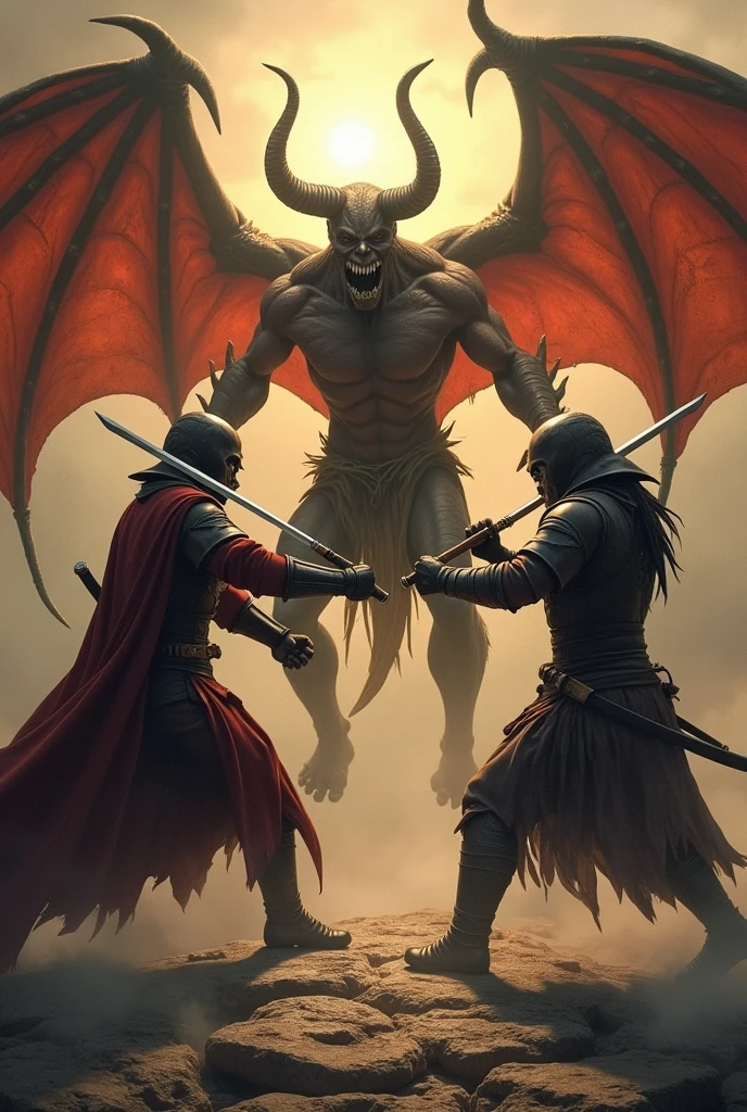 2 swordsmans attacking a Demon on the center of them on dinamic poses