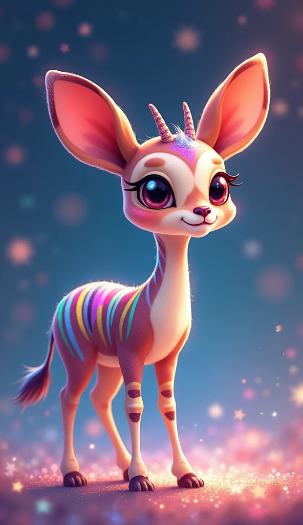 adorable okapi character, surreal minimalist illustration, colorful iridescent rainbow gradients, ethereal dreamy atmosphere, shimmering sparkling glitter pointillism stars
