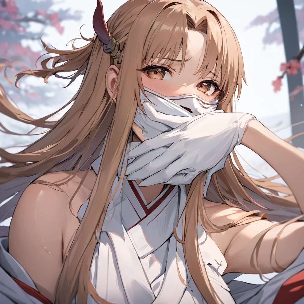 ((Highest quality)), ((masterpiece)), (detailed), （Perfect Face）、The woman is Yuuki Asuna, with light brown, semi-long hair and a Hannya mask covering her entire face.