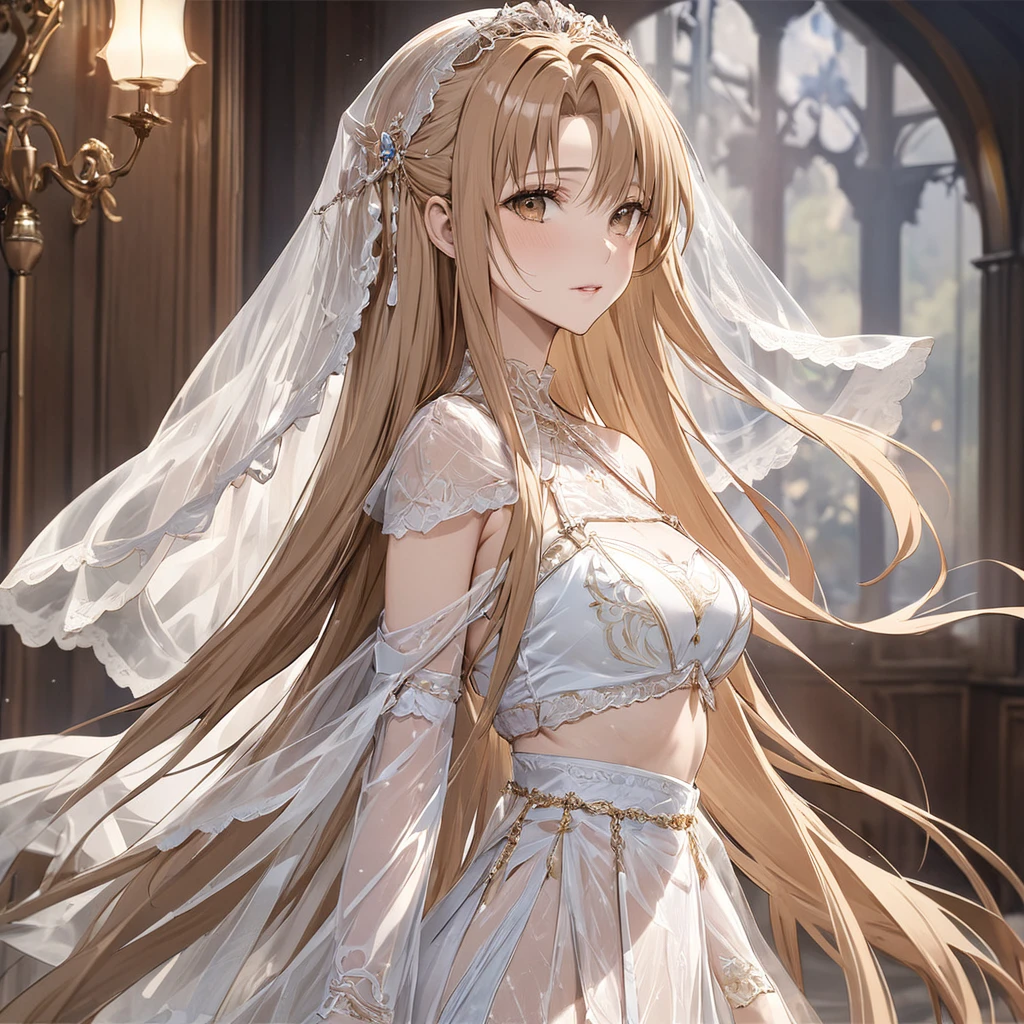 ((Highest quality)), ((masterpiece)), (detailed), （Perfect Face）、The woman is Yuuki Asuna, with light brown, semi-long hair, wearing a completely transparent outfit and veil, and adorned with luxurious accessories.