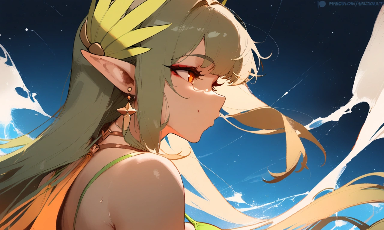 1girl, muelsyse \(arknights\), arknights \\\\\ masterpiece, best quality, very aesthetic, absurdres, newest \\\\\\ simple background, space background. lime bikini, greenery, water, orange eyes,elf ears, slim body,///// ,by nyantcha, , cutesexyrobutts,khyle ,,////// 18 years old girl,thin waist ,,solo, , stars, ^_^, portrait, ,detailed face, profile, bare neck