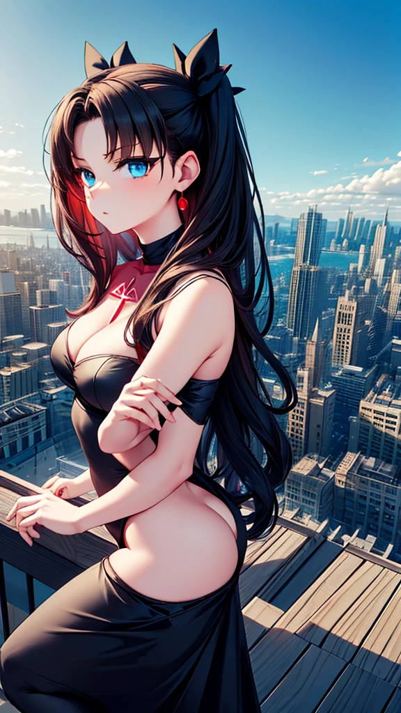 Rin Tohsaka, she is standing looking at the viewer playing with a lock of her hair, your face flushed very excited, fully body, work of art, top quality picture, super resolution, High definition, 4K, full hd, well defined and detailed image in the smallest details, she is on the roof of the school, she is wearing a red blouse that shows off her belly, and her shoulders with long black sleeves, her breasts are exposed in a small cleavage, a sexy, short black skirt makes her even sexier, and long black socks, she is standing on the back of mecagodzilla