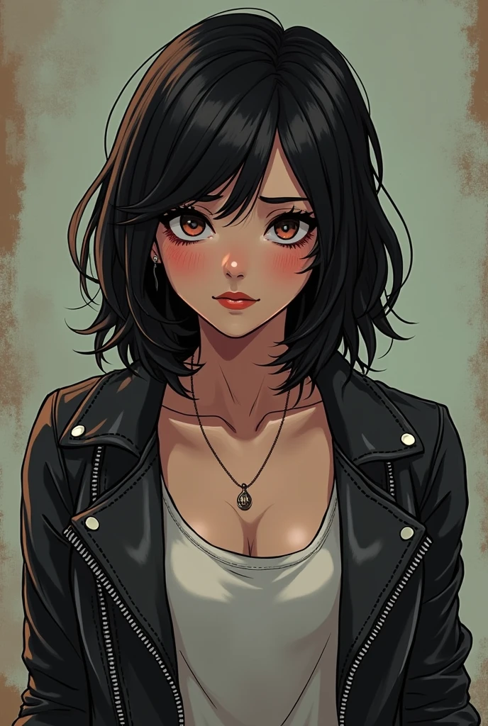 1girl, solo focus, medium size breast, leather jacket, shoulder length hair, looking at viewer, tired eyes, mischievous grin, wild eyes, black hair, heterochromia, post-apocalypse, looks like Aubrey Plaza in Legion, illustrated art style