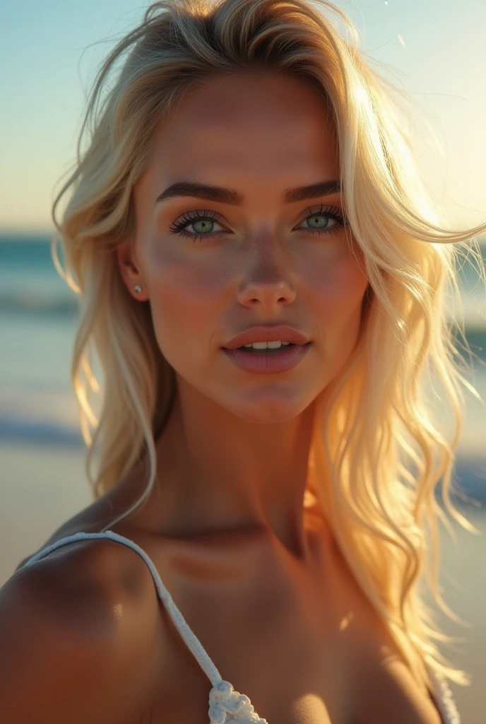 (portraite), 40 years old woman, pose sensuous, delicate and harmonious features on his face, expressive and bright eyes, (detailed pupils: 1.2), long, curved eyelashes, vibrant blue eyes facing the viewer, , Elegant and symmetrical tapered nose, Filled, well-defined lips with a naturally graceful shape, balanced facial structure, cheekbones slightly highlighted, Jovial appearance, delicate jaw creating a soft, linha definida ao longo da face, details Intricate, texturized skin, skin detailed, skin pore, Sister, white blonde hair, long hair, sexy look, Power Girl spilling, ((see through)), ((very see-through)), provocative pose, Lewd, sensuous, provocativo, confrontation, anatomically perfect, perfect toes, firm breasts, ass visible, 32K, hyper realism, (photorrealistic:1.37), extremely detaild, hyper realist, studiolight, volumetric light, Depth of field, beach scenery , nightfall, sunset, shining skin