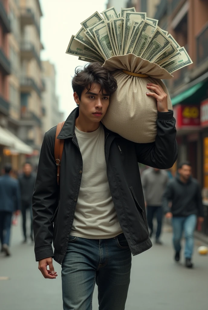 A young man walking with a bag of money