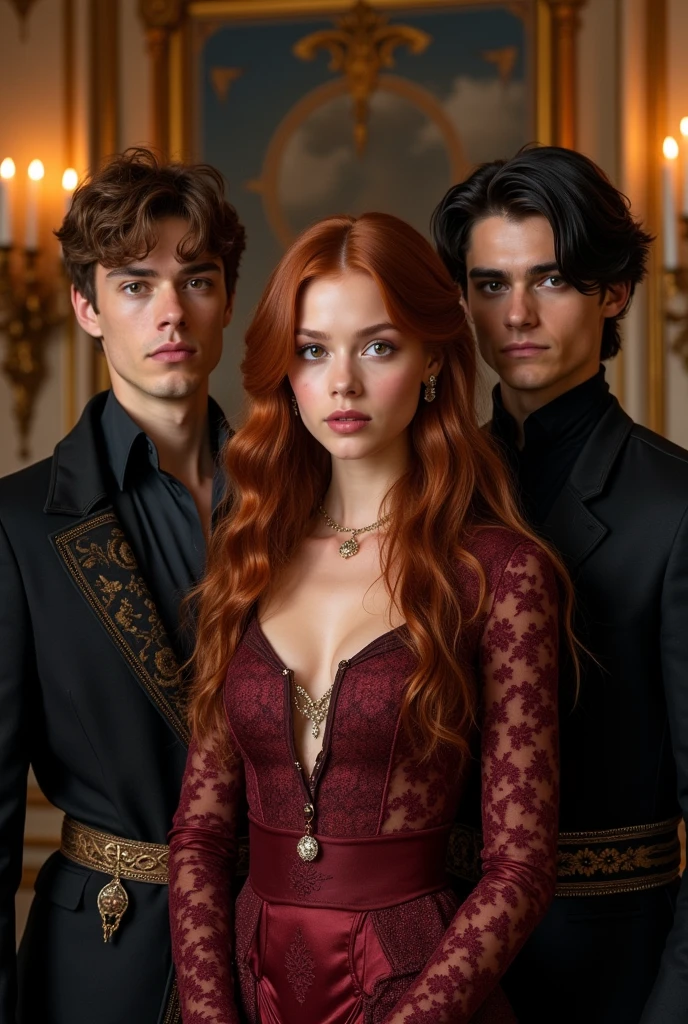 Olena: 20 years old with long reddish-brown hair and hazel eyes. Elegant, fantasy-inspired attire.

Segast: Young man with short brown hair and deep brown eyes. Royal, sophisticated clothing with a modern touch.

Eugan: Slightly older with intense black eyes and dark hair. Dark, elegant clothing suggesting mystery.

Background: Grand palace with magical and mysterious elements.

Lighting and Mood: Dramatic with high contrast to evoke romance and intrigue.

Composition: Olena in the center, with Segast and Eugan flanking her, showing tension and interaction.