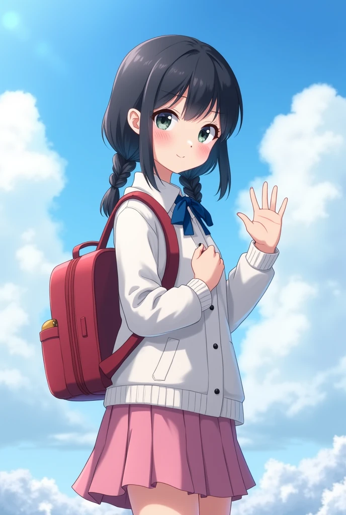 (alone:1.5),girl1人\(very cute,Soft Skin,(girl:2.0),Child&#39;s body shape,Dark Eyes,(),Black Hair,Shiny Hair,Braided twin tails,Pink Skirt,White jacket（Blue Ribbon\),Red School Bag\(Becomes a burden\) , To the camera,Cute Smile,Please wave your right hand,white breath,Rural Areas,shining white snow,blue sky,Beautiful Clouds,quality\(8k,Very detailedなCGユニットの壁紙, masterpiece,High resolution,top-quality,top-quality real texture skin,Surreal,Increase the resolution,RAW Photos,highest quality,Very detailed,Cinema Lighting,Ray Tracing,)