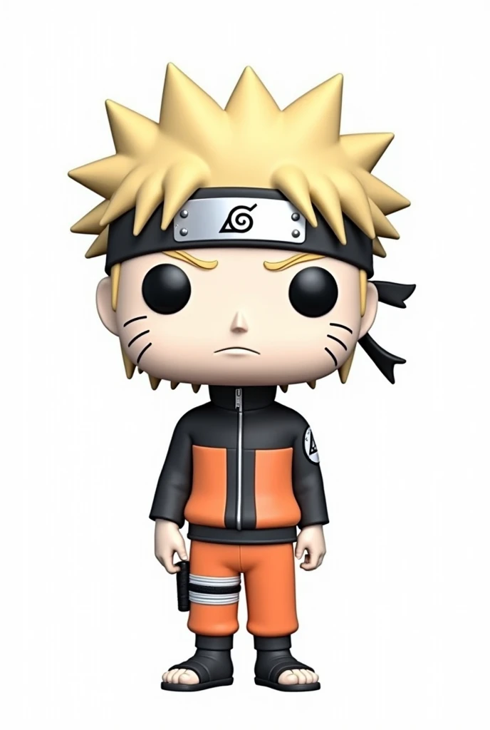 The image features the character Naruto Uzumaki in Funko Pop style (in strokes, no shadings), with a large and disproportionate head, spiky blonde hair, and bandana from Vila da Folha. Big eyes with a line on the cheeks, wearing orange and black ninja costume. There must be an empty white background, no shading, with open space between the lines. in black and white.
