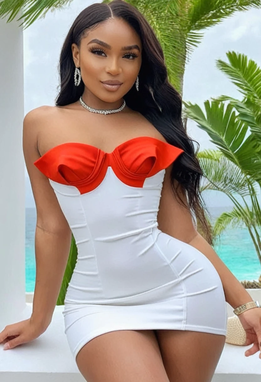 ((high quality:1.2)), work of art, (8k), extremely detailed, ((High detail:1.2)), ((best resolution:1.4)), Solo, 24 years old Angolan female, (tight short dress strapless), (perfect hot body), ((medium photo body)),