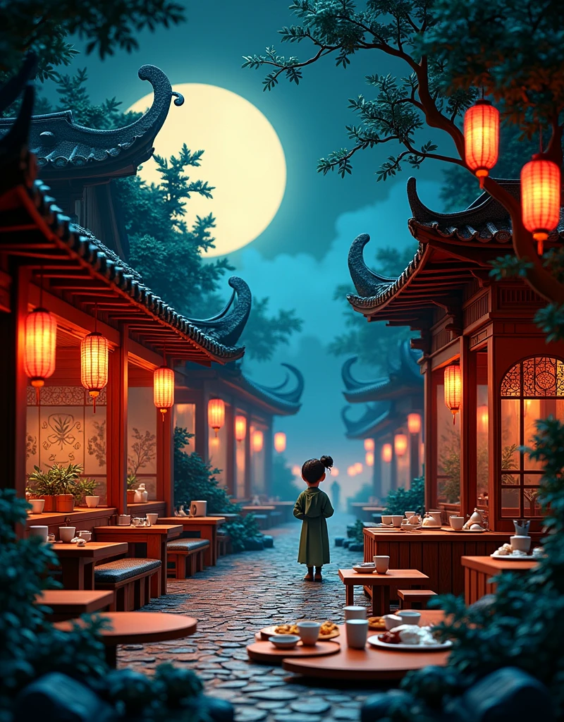 Papercut art. Kirigami. Origami. A very detailed and intricate cutout of one ancient chinese restaurant with dishes of chinese food, trees and lanterns, mystery dark atmosphere at night, focus on dishes of chinese food, sorrow atmosphere, a shadow of a woman wearing hanfu in far distance