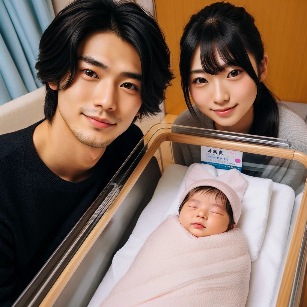 High Resolution, japanese female (24 years old), japanese guy handsome (26 years old), japanese babygirl (newborn)