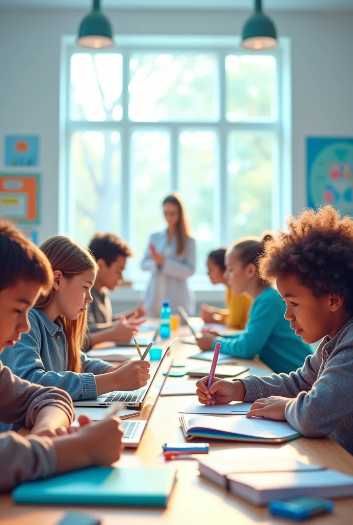 8k quality, Very realistic photography, format 9/16, **-****-*** African boy with short and haircut, at school, front of a computer, intently focusing on learning to code in a crowded and classroom. His curious mind is fully engaged, with intricated details of his expression conveying concentration and determination. The classroom setting is filled with the energy of young minds at work, as other students scratch their heads in deep thought or glance over at his screen inquisitively. The boy's complexion is brown.