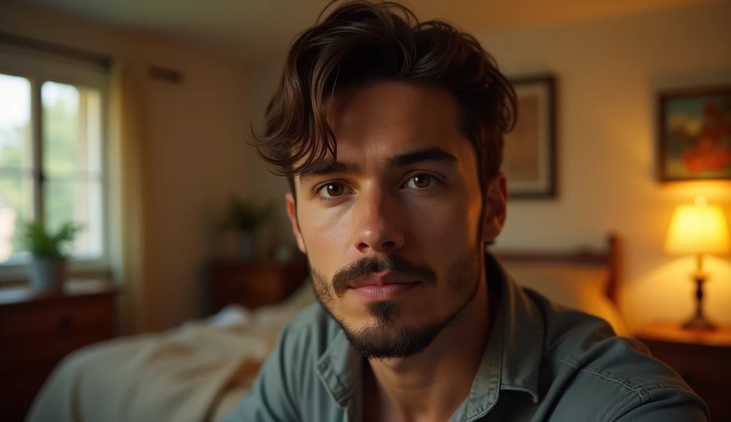 Portrait of a 35-year-old adult man with a youthful appearance, with himself as the main subject. He is sitting in an indoor environment, suggesting a bedroom, with warm, soft lighting, suggesting the artificial light of a lamp. He should have short, slightly wavy dark brown hair and a sparse beard evenly distributed across his face, as well as a serious, thoughtful expression, looking directly at the camera. The focus should be on his face and eyes, which are slightly off center. The light should enter sideways from the left, creating soft shadows that highlight the angular features of the face. The background should be out of focus, with a soft bokeh, showing elements such as windows, a bed, a chest of drawers and a painting on the wall. The color palette should be dominated by warm tones of gold, orange and brown, creating a warm and introspective feeling. The depth of field should be wide, isolating the main subject from the background, and sharpness should be maximum in the face and eyes, while the rest of the image is blurred. The photograph must capture extreme detail, with a high-quality rendering in 8k, with professional photographic quality and attention to detail that conveys the realism of a room, introspective atmosphere, bokeh, soft and diffused lighting.