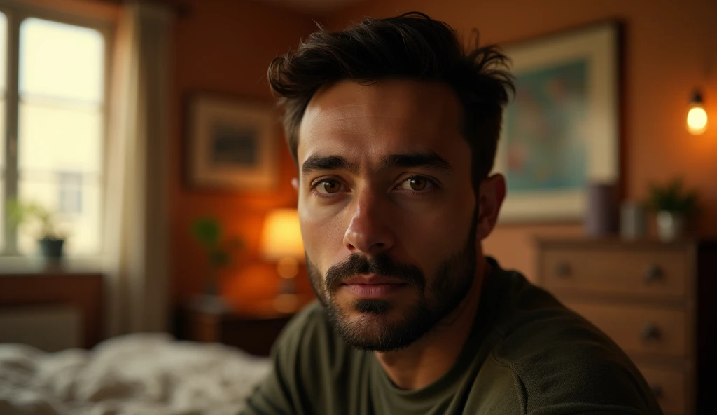 Portrait of a 35-year-old adult man with a youthful appearance, with himself as the main subject. He is sitting in an indoor environment, suggesting a bedroom, with warm, soft lighting, suggesting the artificial light of a lamp. He should have short, slightly wavy dark brown hair and a sparse beard evenly distributed across his face, as well as a serious, thoughtful expression, looking directly at the camera. The focus should be on his face and eyes, which are slightly off center. The light should enter sideways from the left, creating soft shadows that highlight the angular features of the face. The background should be out of focus, with a soft bokeh, showing elements such as windows, a bed, a chest of drawers and a painting on the wall. The color palette should be dominated by warm tones of gold, orange and brown, creating a warm and introspective feeling. The depth of field should be wide, isolating the main subject from the background, and sharpness should be maximum in the face and eyes, while the rest of the image is blurred. The photograph must capture extreme detail, with a high-quality rendering in 8k, with professional photographic quality and attention to detail that conveys the realism of a room, introspective atmosphere, bokeh, soft and diffused lighting.