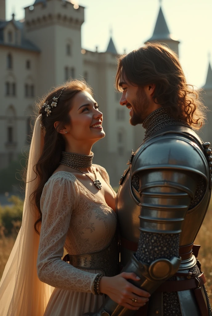 (((Medium shot))), couple, (a man and a woman), two individuals, outside the castle, jousting, playful, playful, sweet, happy, smile, armor, chain mail, armor, happy, pretty eyes, playful, surrealism, pov, romanticism, cinematic lighting, 8K, UHD, masterpiece, ccurate, anatomically correct, textured skin, high detail, high quality, high resolution, award-winning, best quality, 16K, bad body, bad hands, bad legs.