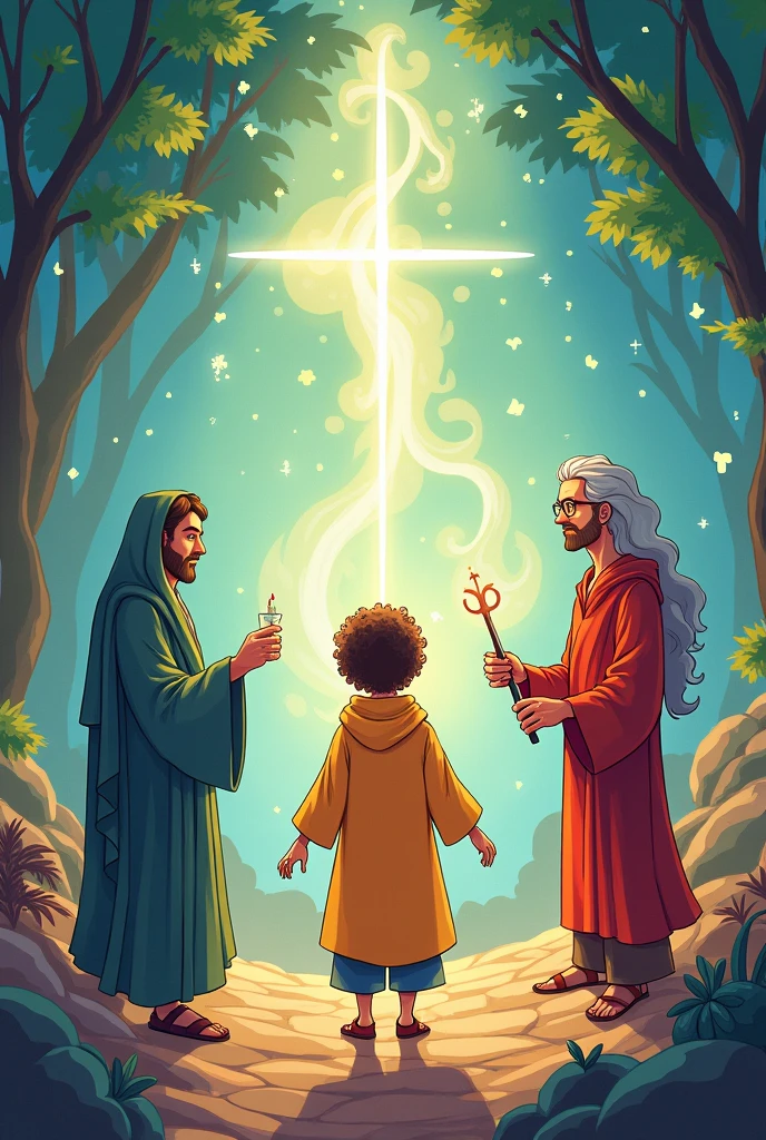 An image that shows science, philosophy and religion, which complement each other but each have their own ideas in cartoons