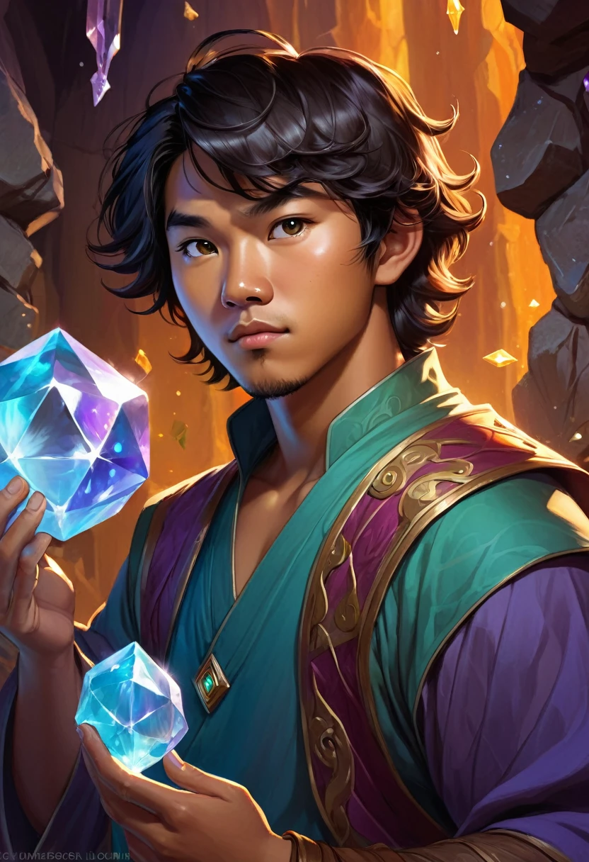 a 27 year old asian malay chinese male, tanned skin, dark short wavy hair, slightly chubby, squinty eyed, cute and charming, fantasy world, dungeons and dragons, slightly confused look on face, looking at crystal shards, high quality, masterpiece, studio lighting, vivid colors, concept art, digital painting