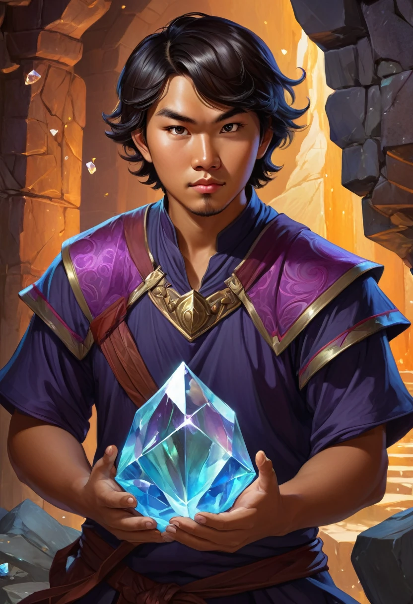 a 27 year old asian malay chinese male, tanned skin, dark short wavy hair, slightly chubby, squinty eyed, cute and charming, fantasy world, dungeons and dragons, slightly confused look on face, looking at crystal shards, high quality, masterpiece, studio lighting, vivid colors, concept art, digital painting