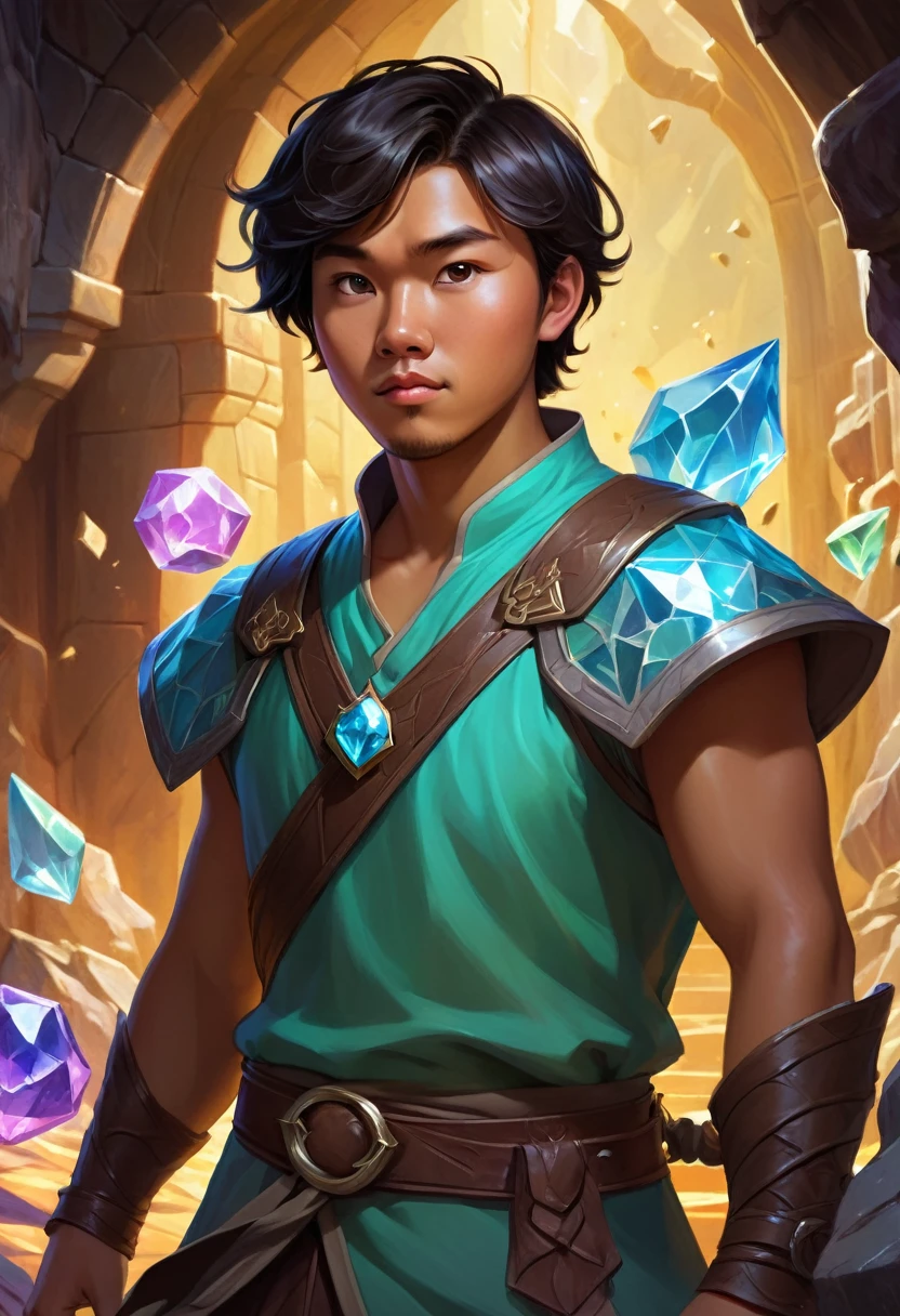 a 27 year old asian malay chinese male, tanned skin, dark short wavy hair, slightly chubby, squinty eyed, cute and charming, fantasy world, dungeons and dragons, slightly confused look on face, looking at crystal shards, high quality, masterpiece, studio lighting, vivid colors, concept art, digital painting