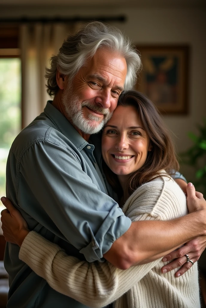 A photo of father and daughter ( adult ) hugging