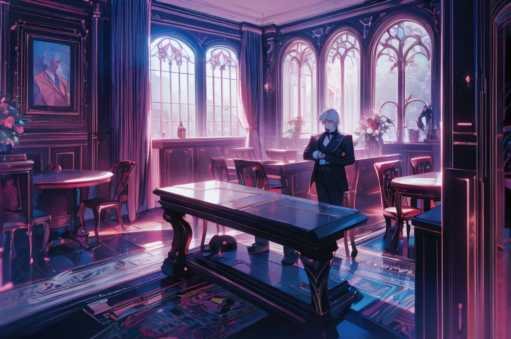 Chico, Alone, seated, imposing pose, big table, a photo of a man in his twenties, shiny black suit, White hair, arranged to one side, Red eyes, meeting room, large windows, soft colors