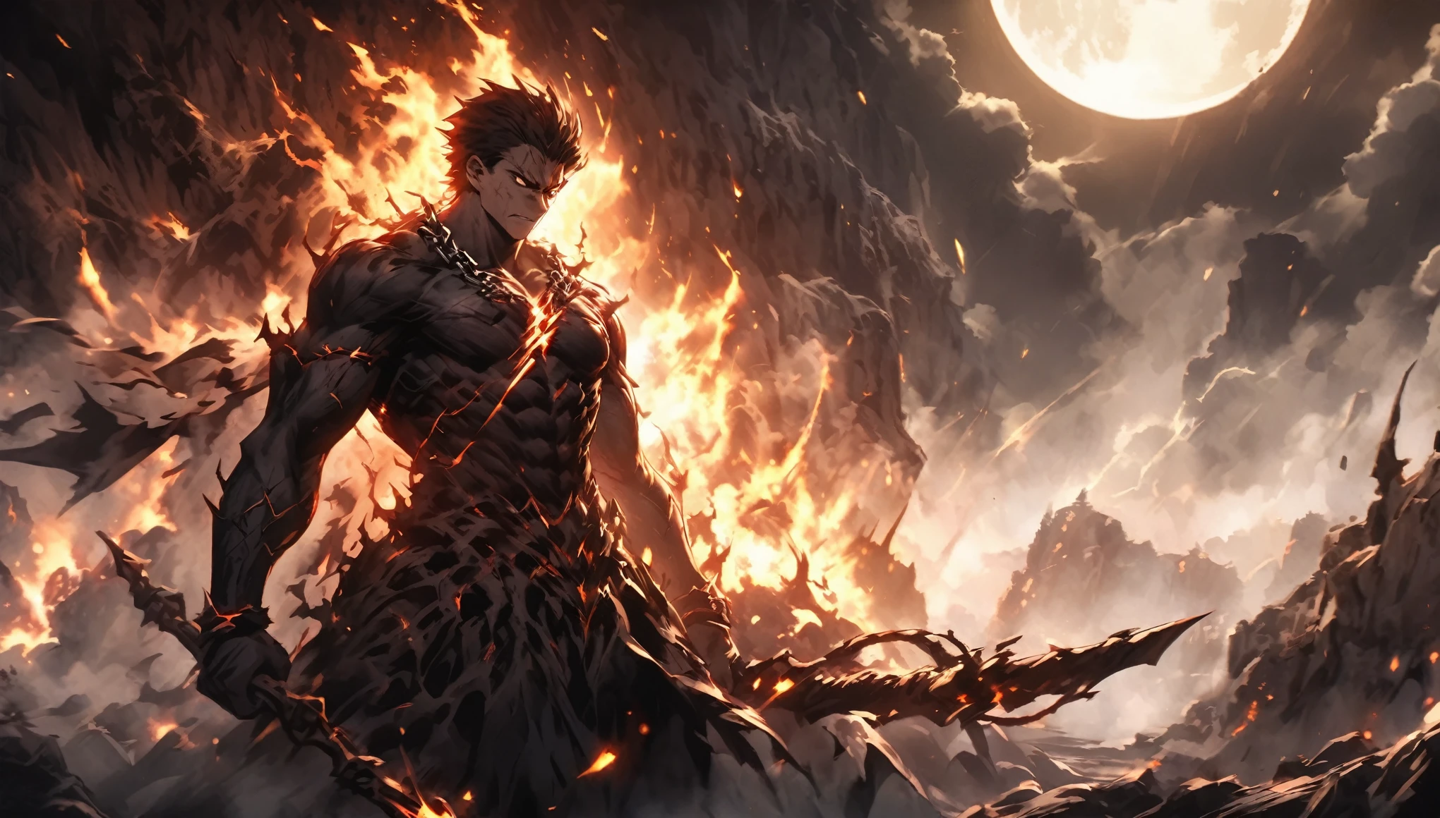 A dark, intense scene featuring a lone hero standing tall in a shadowy, chaotic world, with a fierce expression and chains wrapped around their wrists. The background is filled with ominous shadows and a moon casting cold light over a barren landscape. The hero’s eyes burn with determination, a fire in their soul, despite the darkness threatening to engulf them. There are subtle hints of magic and demonic forces, with dark, swirling mist around their feet and a faint glow emanating from their chest, symbolizing the cursed power they carry. The sky is turbulent, with dark clouds and lightning, adding to the sense of impending doom. The hero's posture is strong and defiant, ready to fight against the odds, with tattered clothes and scars from battles. The scene is dramatic, with a high contrast between light and shadow, capturing the hero's struggle and resilience in the face of overwhelming darkness.

