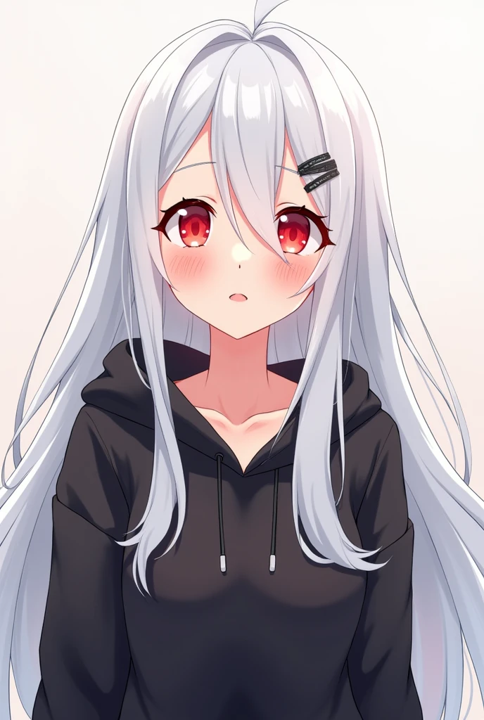 Anime girl with long white hair and red eyes wearing a black hoodie and happy 