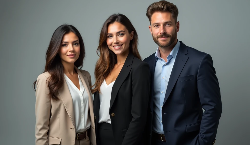 I want a photo in a professional photography studio, with three handsome white people in professional attire, being two women and one man, with high resolution. the intention is to simulate three owners of an agency 