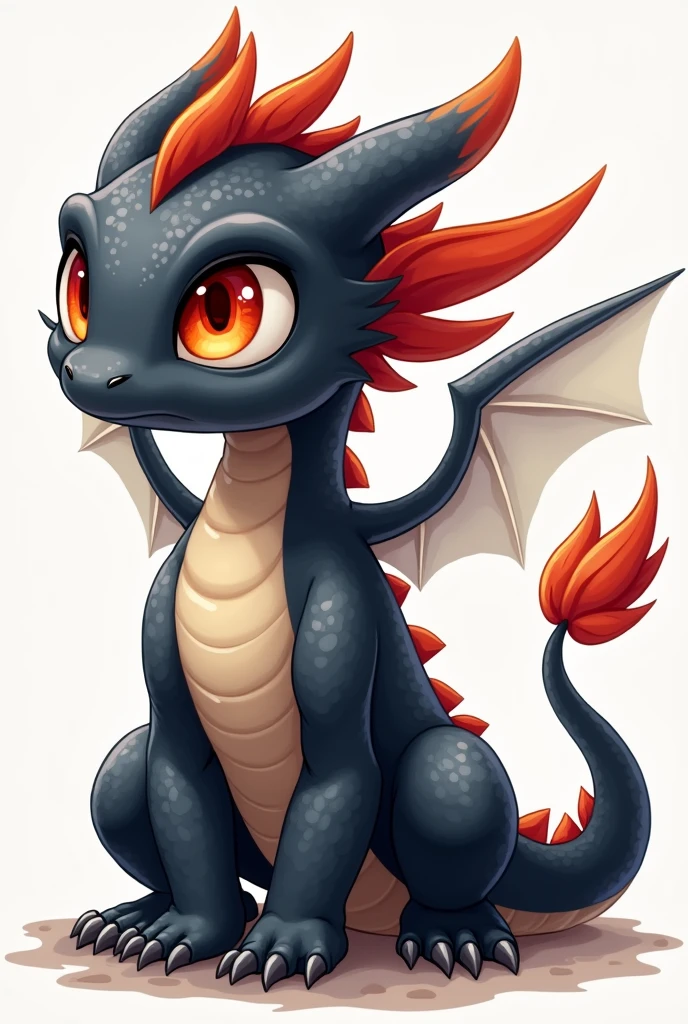 cartoon、The main picture shows a young black dragon（Quadrupeds、Muscular limbs、Detailed description、Beautiful red eyes）、White feather wings