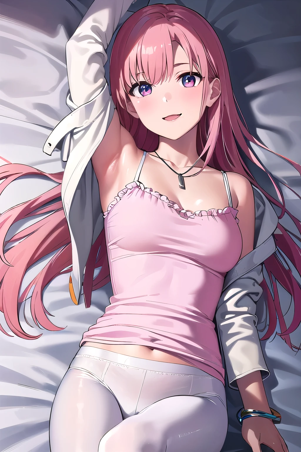 (8K, top-quality, masterpiece:1.2), (reallistic, Photorealsitic:1.37), Super Detail, One girl,), (Highly detailed), (beautifully detailed eyes), (of the highest quality), (super detailed ), (masterpiece), (Detailed face),20yr old, ,1 girl, ((pink hair,long hair)), medium breasts, clothed, Perfect Lighting, BREAK, (white:1.3), (tight:1.3), (shiny:1.3), (white leather jacket:1.4), (white camisole:1.3), (shiny silk blouse:1.4), (white tights:1.4), (tight silhouette:1.2), (frills on sleeves and collar:1.1), (white high socks:1.2), (white leather pumps:1.2), (silver necklace and bracelet:1.1), BRAKE, (upper body to ankle:1.1), (long pink hair:1.2), (smile:1.2), (facing forward:1.1), (chin up:1.1), (lying on back:1.1), (grey shiny background:1.1), (top lighting:1.1), BRAKE