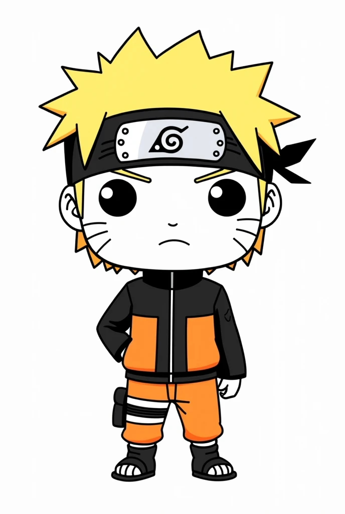The image features the character Naruto Uzumaki in Funko Pop style (in strokes, no shadings), with a large and disproportionate head, spiky blonde hair, and bandana from Vila da Folha. Big eyes with a line on the cheeks, wearing orange and black ninja costume. There must be an empty white background, no shading, with open space between the lines. it has to be in BLACK AND WHITE.