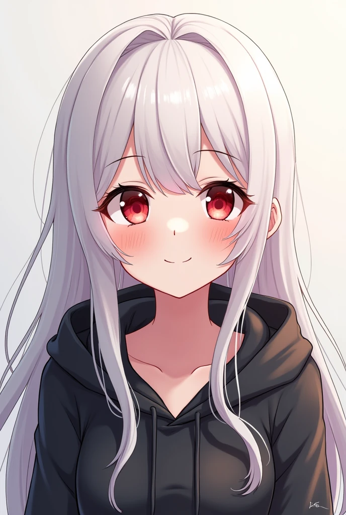 Anime girl with long white hair and red eyes wearing a black hoodie and happy