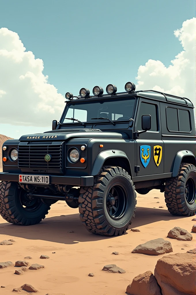 A stunning illustration of a 2001 Range Rover, customized with a unique shield blue and yellow shield on the door. The vehicle is painted in military black mate, giving it an aggressive and rugged appearance. The image captures the SUV's powerful presence, with its iconic grille and bold wheels. The background showcases a desolate, yet picturesque landscape, emphasizing the vehicle's readiness for any terrain.