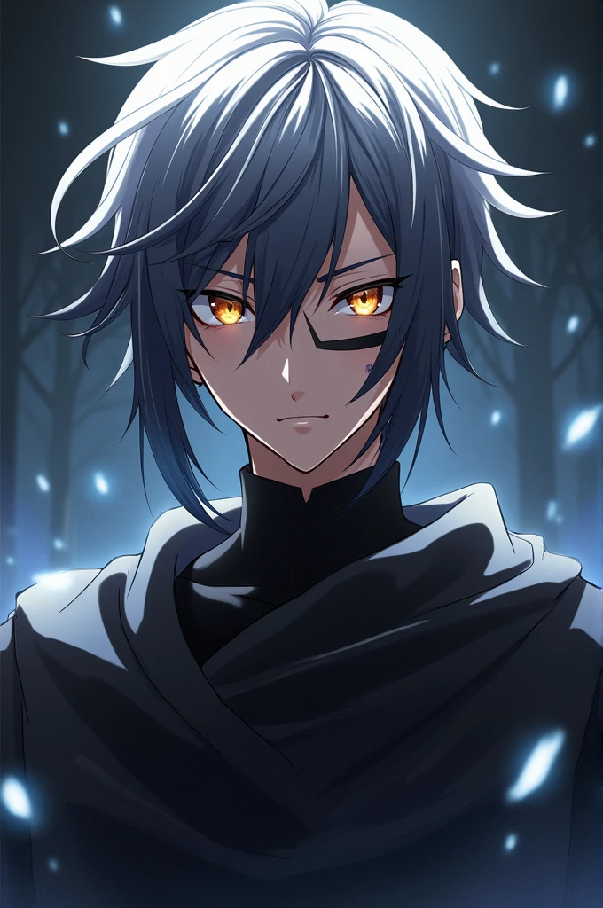Crie uma imagem de uma personagem para o anime de Highschool dxd, hair an ebony color that faded to pure white, heterochromatic eyes of amber and an obsidian black, his skin is a more tanned color and a horizontal scar below his right eye and a
