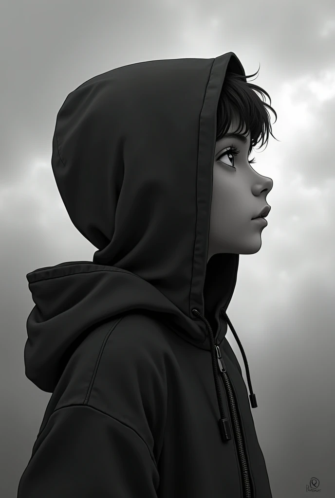 A boy wearing in head a zip up hoodie cap seeing Sky sadly black and white pfp