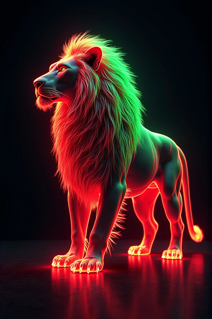 digital art, silhouette, a lion made of neon, have colored feathers,red, Green, kuning, with black background,udh,dynamic